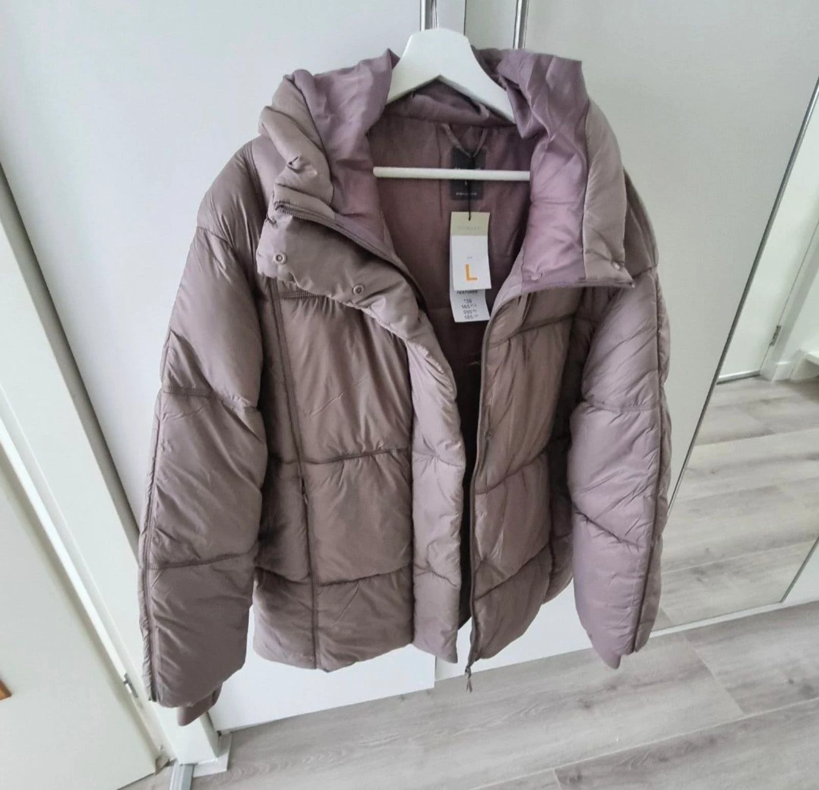 Primark puffer jas capuchon taupe paars L - Nieuw!